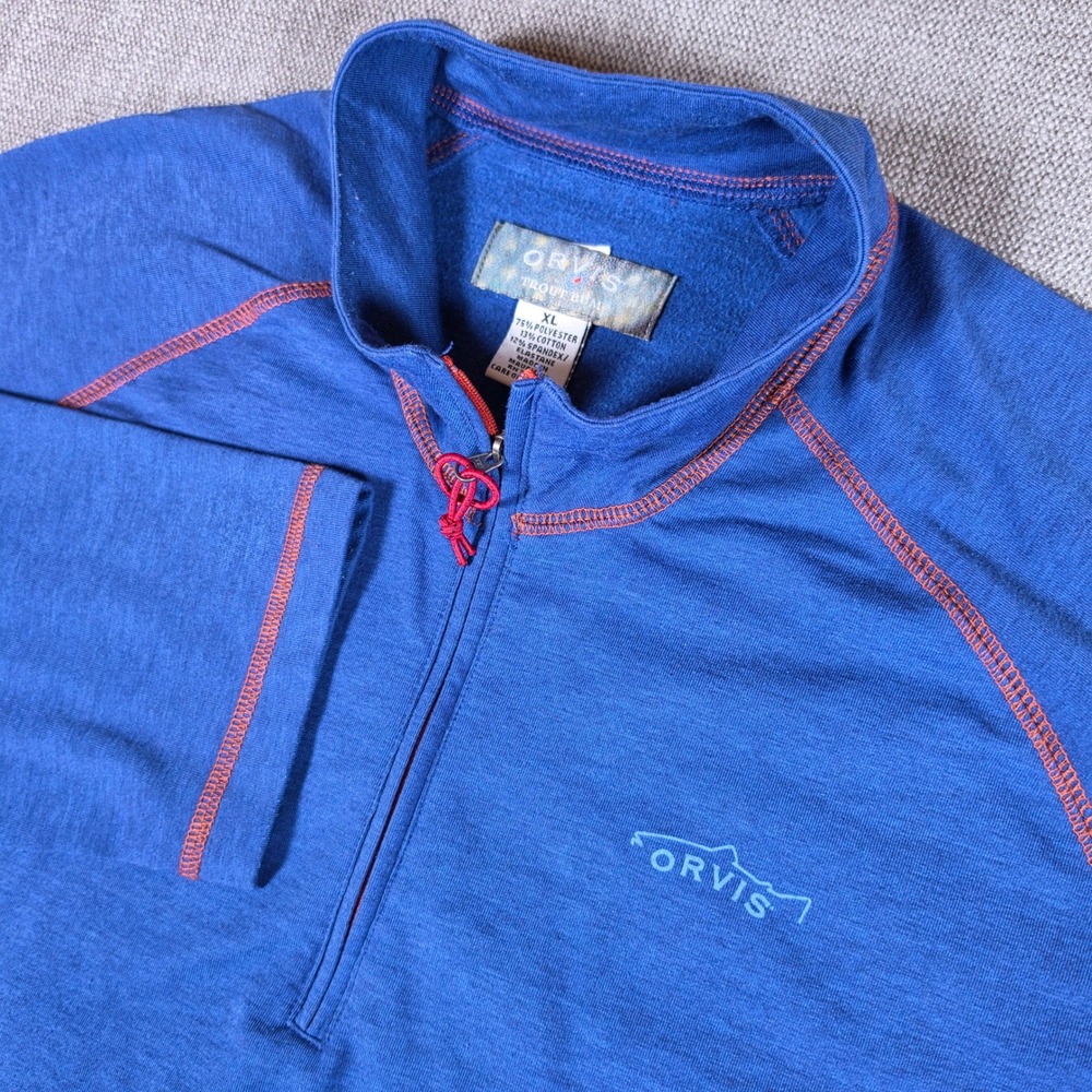 Orvis‎ Premium 1/4 Zip Pullover Mens XL Blue Stretch L/S Trout Bum 6R5Y